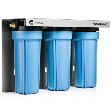 Clearsource Ultra OnBoard Pro RV water filter system corner view of water filter showing  the side fittings where the hosing is installed