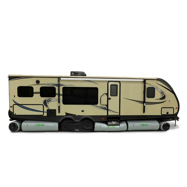 airskirts for rvs Insulation solution for tiny campers using inflatable skirting image showing all the tubes fully inflated and placed under RV side view