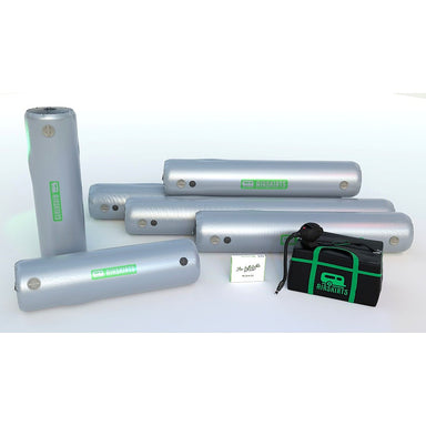 rv skirting airskirts small inflatable kit showing all the tubes, pump, carry case, and welcome kit laid out front view