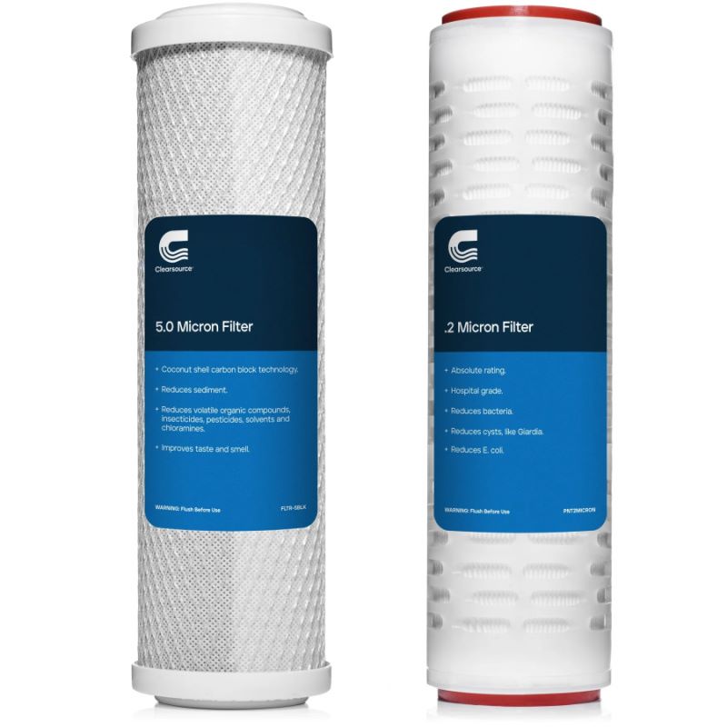 Clear Source Premier two replacement water filters placed side by side 5.0 micron filter and 0.2 micron absolute rating filter