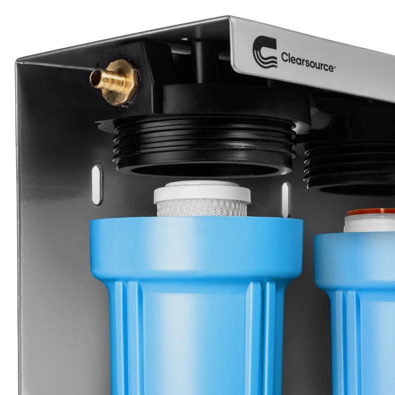 Clearsource 2 Canister OnBoard RV water filter system closeup corner view 