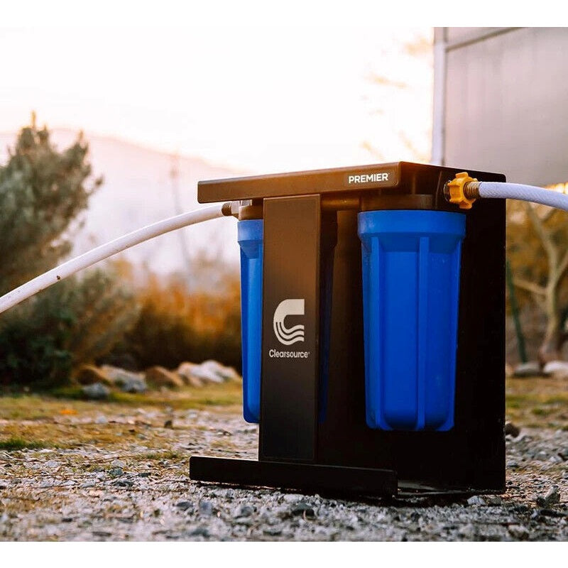 Clearsource Premier water filter lifestyle photo showing the water filter system fully hooked up outside in the sunset