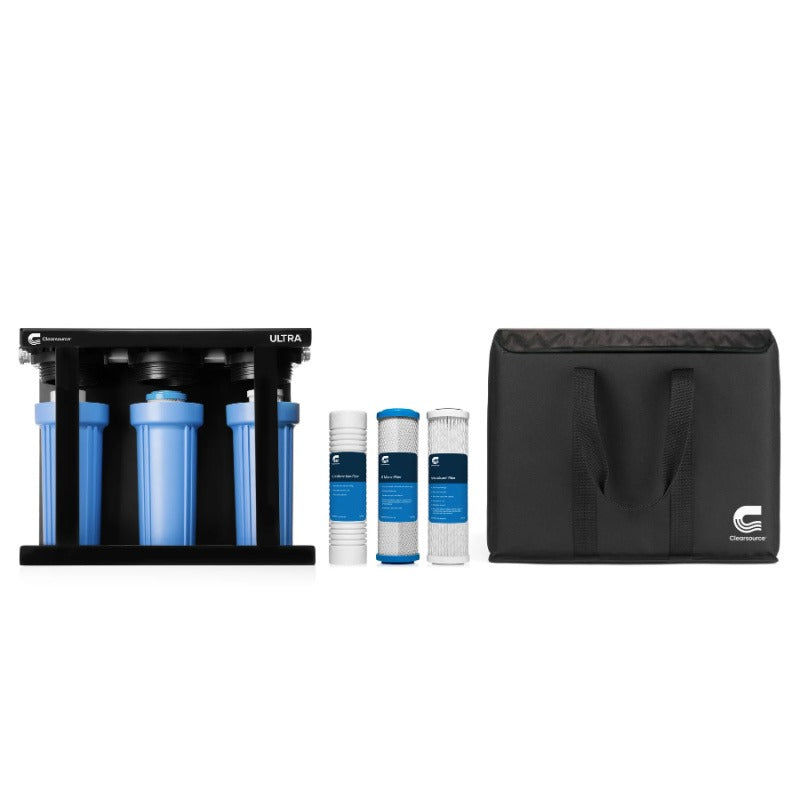 Clearsource Ultra Bundle water filter system three different types of filters and WeatherGuard protective tote all sitting side by side front view