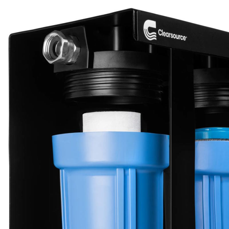 Clearsource Ultra three canister RV water filter system closeup corner view