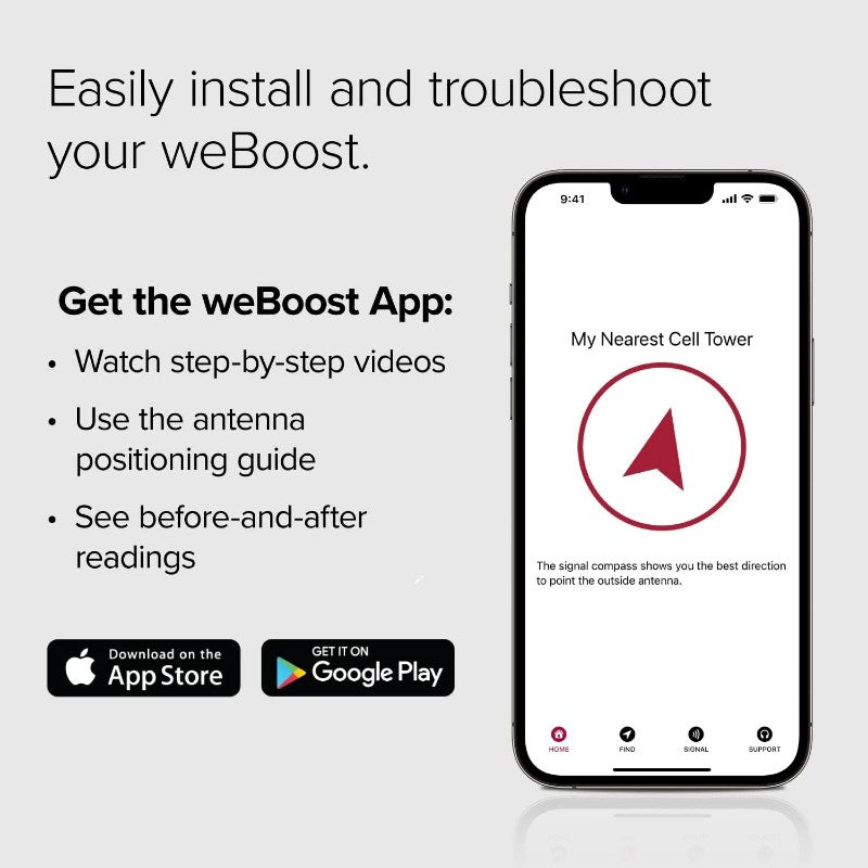 Destination RV weBoost promotional image telling you about the weBoost app and that the app helps you with installing and troubleshooting the booster kit