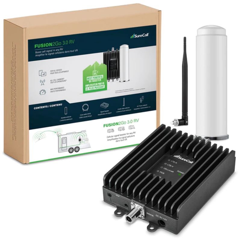 SureCall Fusion2Go 3.0 RV Signal Booster Kit with the original box, interior antenna, exterior omni antenna, and booster laid out in front view