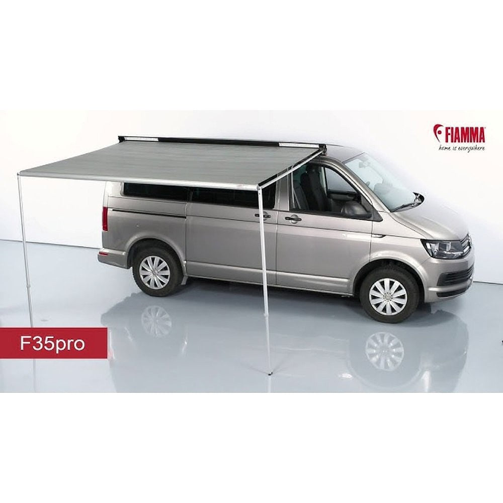 f35 pro image that shows a silver van in side view with the RV awning fully extended