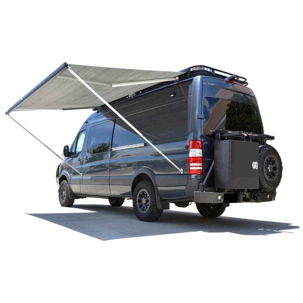 Fiamma 80S Awning image showing a black RV corner view with awning fully extended