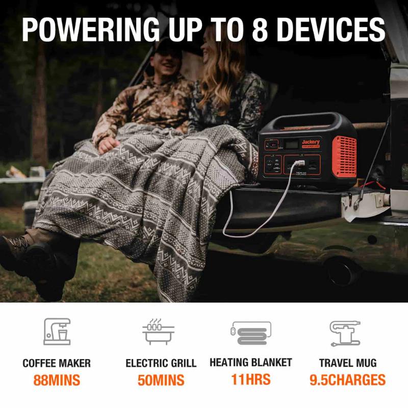 jackery 1000 solar generator lifestyle image showing a couple using a heated blanket sitting on a tailgate 