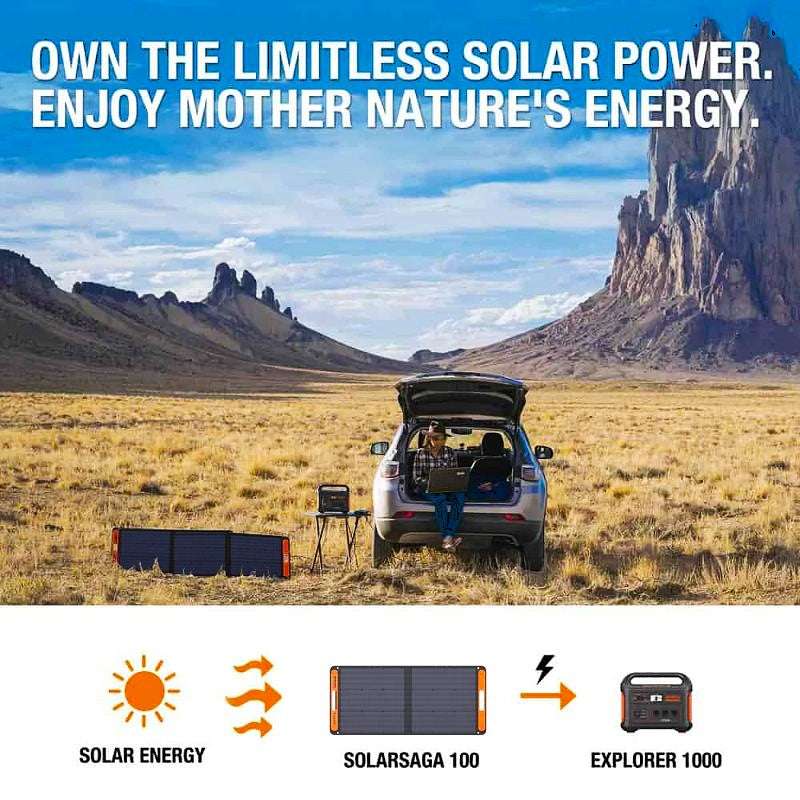 jackery power station 1000 lifestyle image showing a person sitting on the back of car out in a field