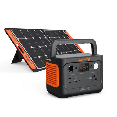 Jackery Power Station 300 with SolarSaga 100 watt solar panel black and orange corner view