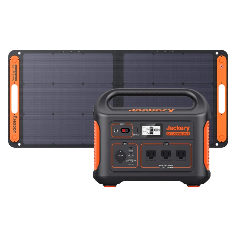 jackery solar generator 1000 explorer power station image showing the front of product with the solarsaga solar panels 