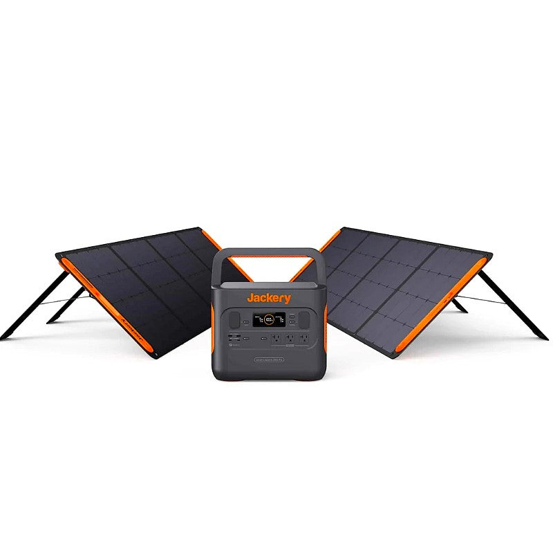 jackery2000 product image showing the power station in front view and the solar panels setup behind it