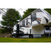 rv airskirts image showing a fuzion trailer on the grass with all of inflatable tubes placed underneath corner view