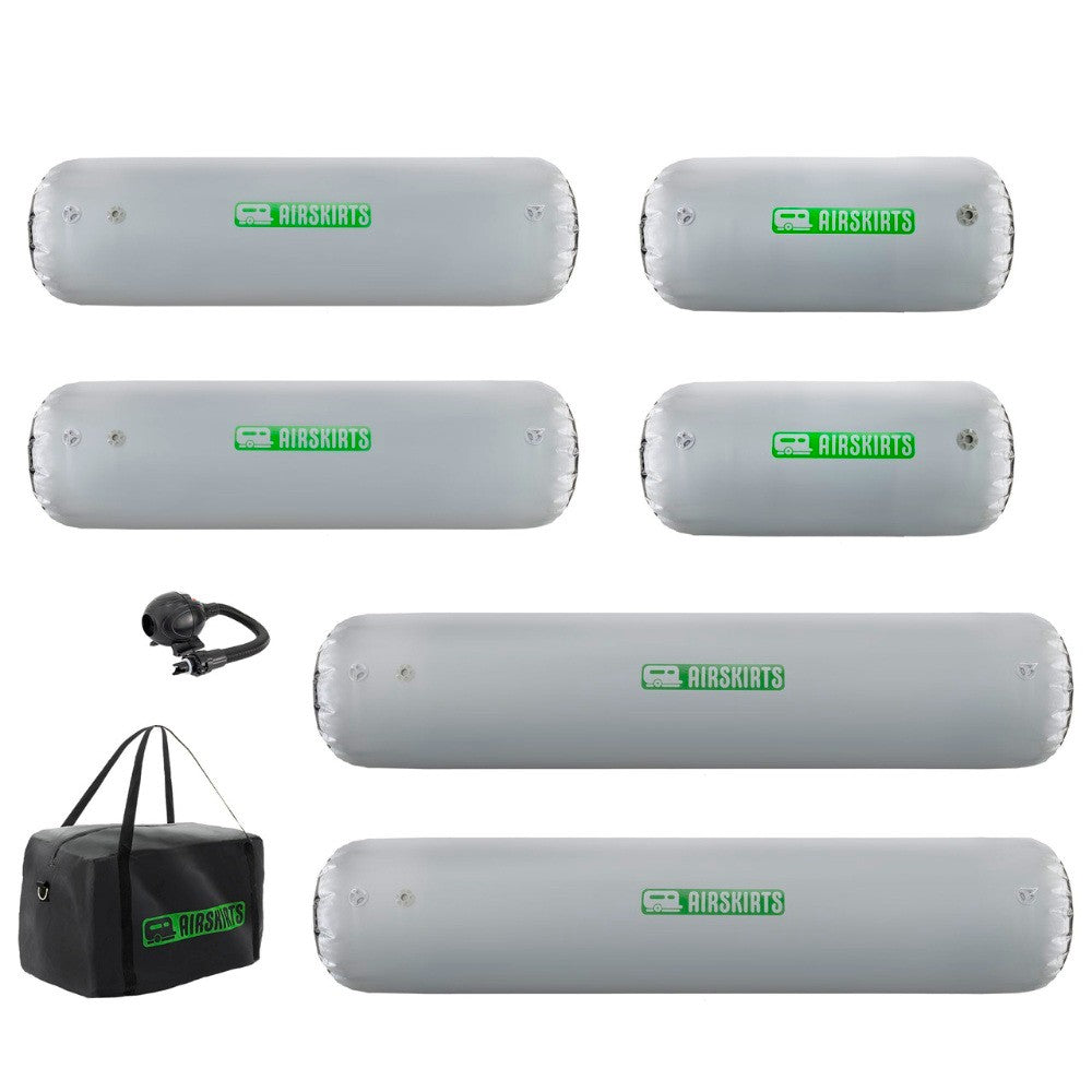 rv skirting for winter airskirts small inflatable tubing kit for insulation image showing the tubes, pump, and carry case laid out individually for better viewing front view