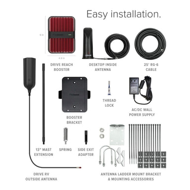 we Boost Drive Reach all of the contents in the box laid out side by side and labeled. The Drive Reach Booster also has it's dimensions labeled.