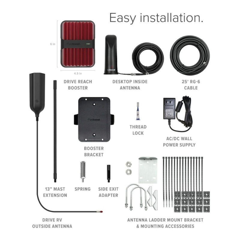 we Boost Drive Reach all of the contents in the box laid out side by side and labeled. The Drive Reach Booster also has it's dimensions labeled.