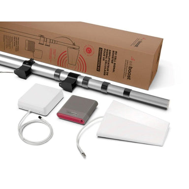 weBoost Destination RV 470159 showing the packaging box, telescoping pole, inside antenna, booster, and outside antenna laid out side by side top view