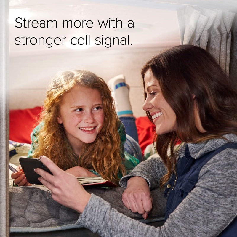 weBoost Drive Reach lifestyle photo showing a mother and daughter looking at a cellphone in their RV. There is also text above them that says "Stream more with a stronger cell signal."